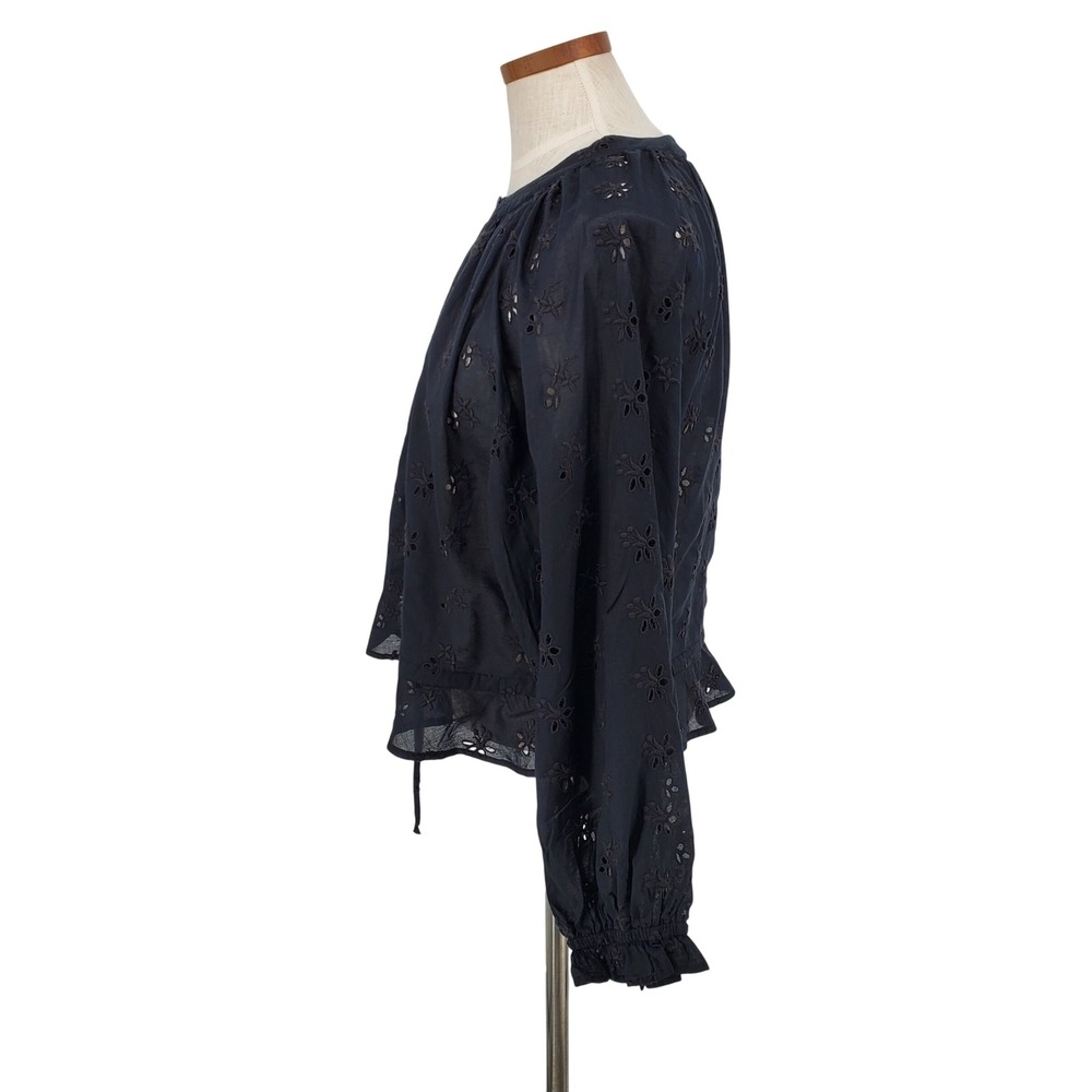 Outerknown Poet Blouse Women Large Black 100% Organic Cotton Eyelet Button Front - Picture 2 of 8